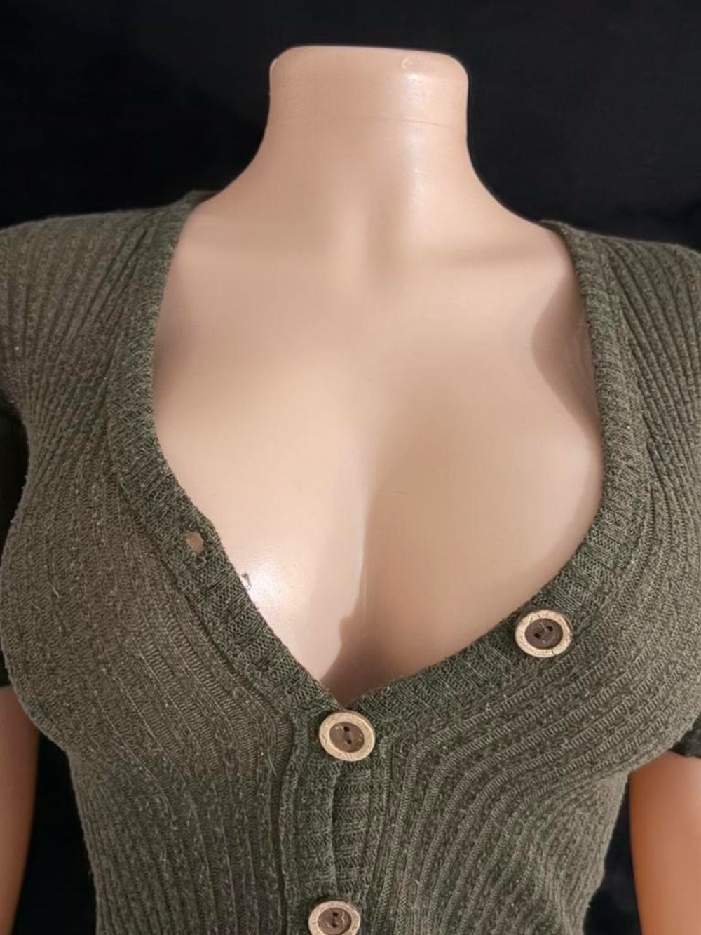 Olive Ribbed Button-Front Women's Sweater Top - Picture 2 of 6